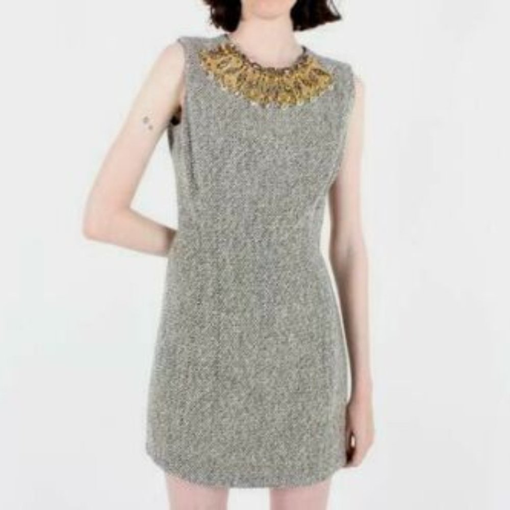 MOSCHINO Couture Tweed Gold Keys Rhinestone Bead Wool Lined Dress USA 6